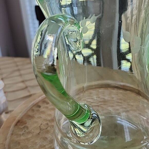 Vintage Vaseline Glass Pitcher Uranium Etched Glass Floral - Picture 9 of 13